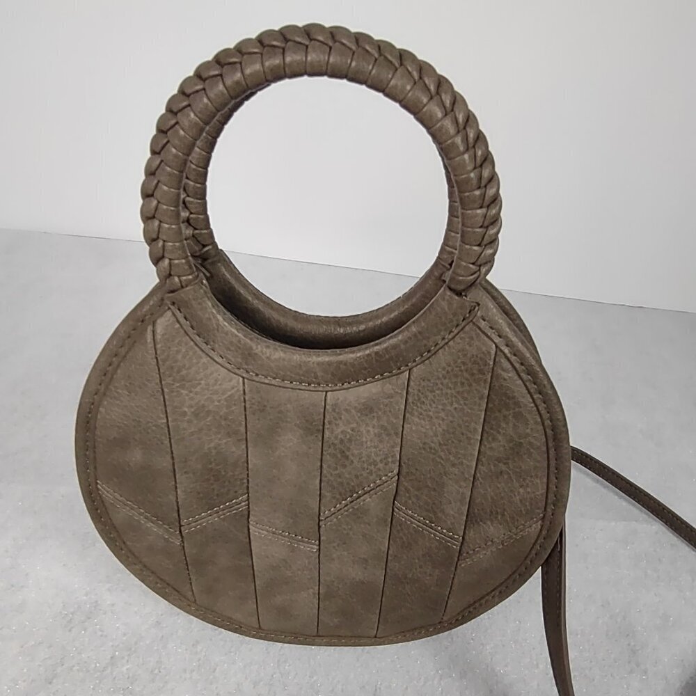 Antik Kraft Round Crossbody Bag Gray Brown Faux Leather Braided Handle